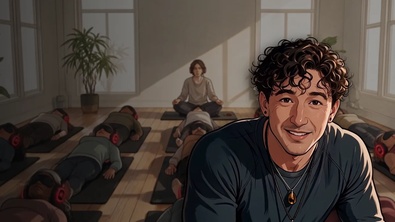 Brendon, founder of IMD, in front of a class lying on mats with headphones and eye masks